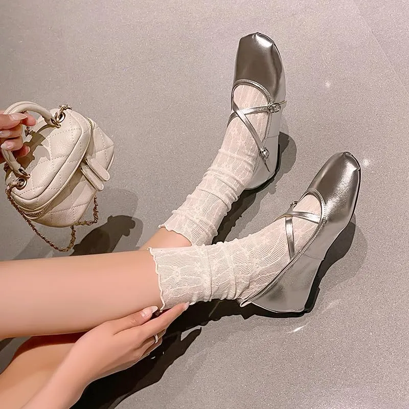 Women's Cross Strap Ballet Flats Square Toe Casual Retro Mary Jane Lolita Dress Shoes