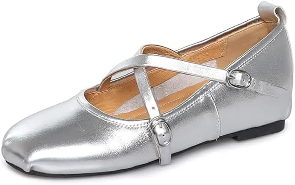 Women's Cross Strap Ballet Flats Square Toe Casual Retro Mary Jane Lolita Dress Shoes