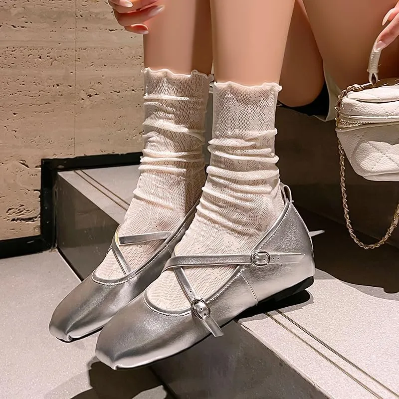 Women's Cross Strap Ballet Flats Square Toe Casual Retro Mary Jane Lolita Dress Shoes