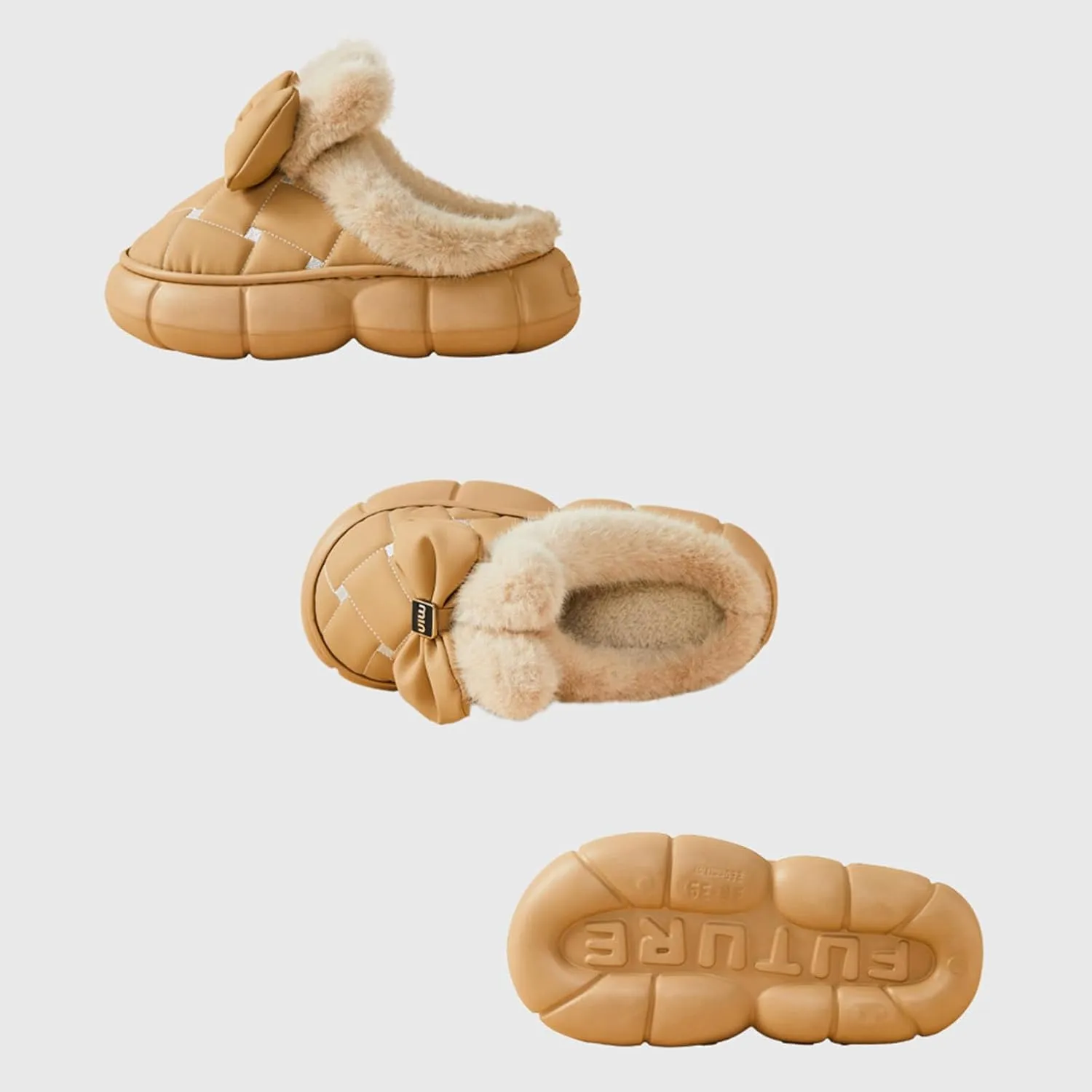 Women's Cute Bowknot Design Plush Lined Slipper Boots, Casual Thick Sole Waterproof Warm Slipperboots, Bow Slippers for Women