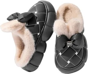 Women's Cute Bowknot Design Plush Lined Slipper Boots, Casual Thick Sole Waterproof Warm Slipperboots, Bow Slippers for Women