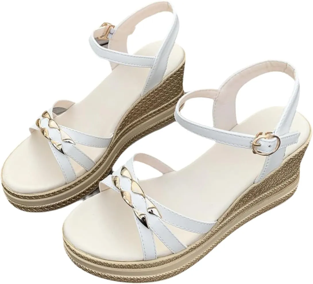 Women's Fashion Platform Slope Sandals Summer Woven Strap Gold Embellished Design Ankle Buckle High Wedge Sandals