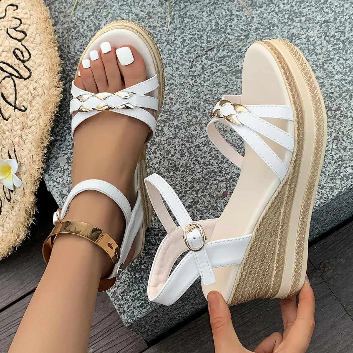Women's Fashion Platform Slope Sandals Summer Woven Strap Gold Embellished Design Ankle Buckle High Wedge Sandals