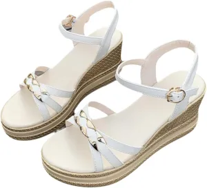 Women's Fashion Platform Slope Sandals Summer Woven Strap Gold Embellished Design Ankle Buckle High Wedge Sandals