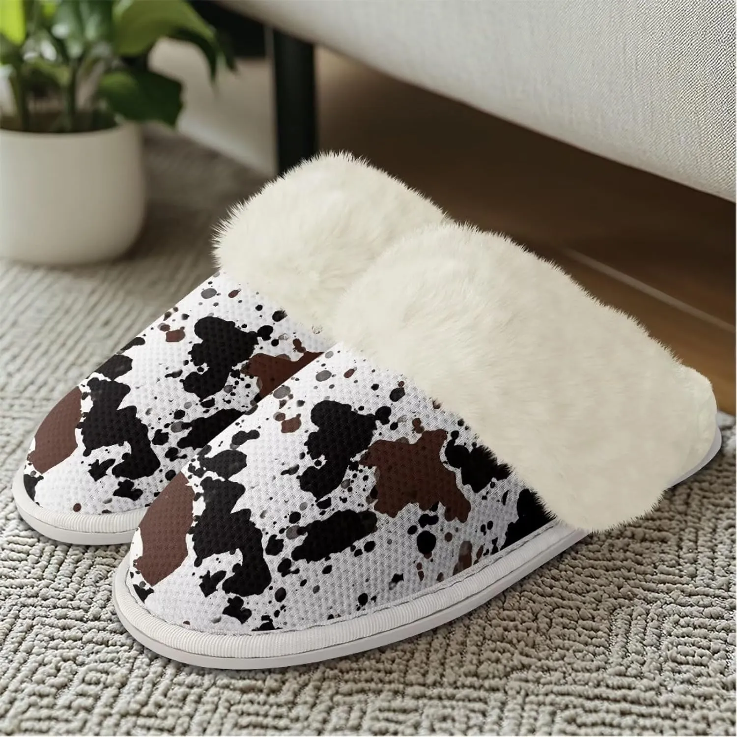 Women's Fuzzy Slippers Casual Slip On Soft Plush House Shoes with Non Skid Sole Comfortable Cotton Slipper Indoor Use for Spa Bath