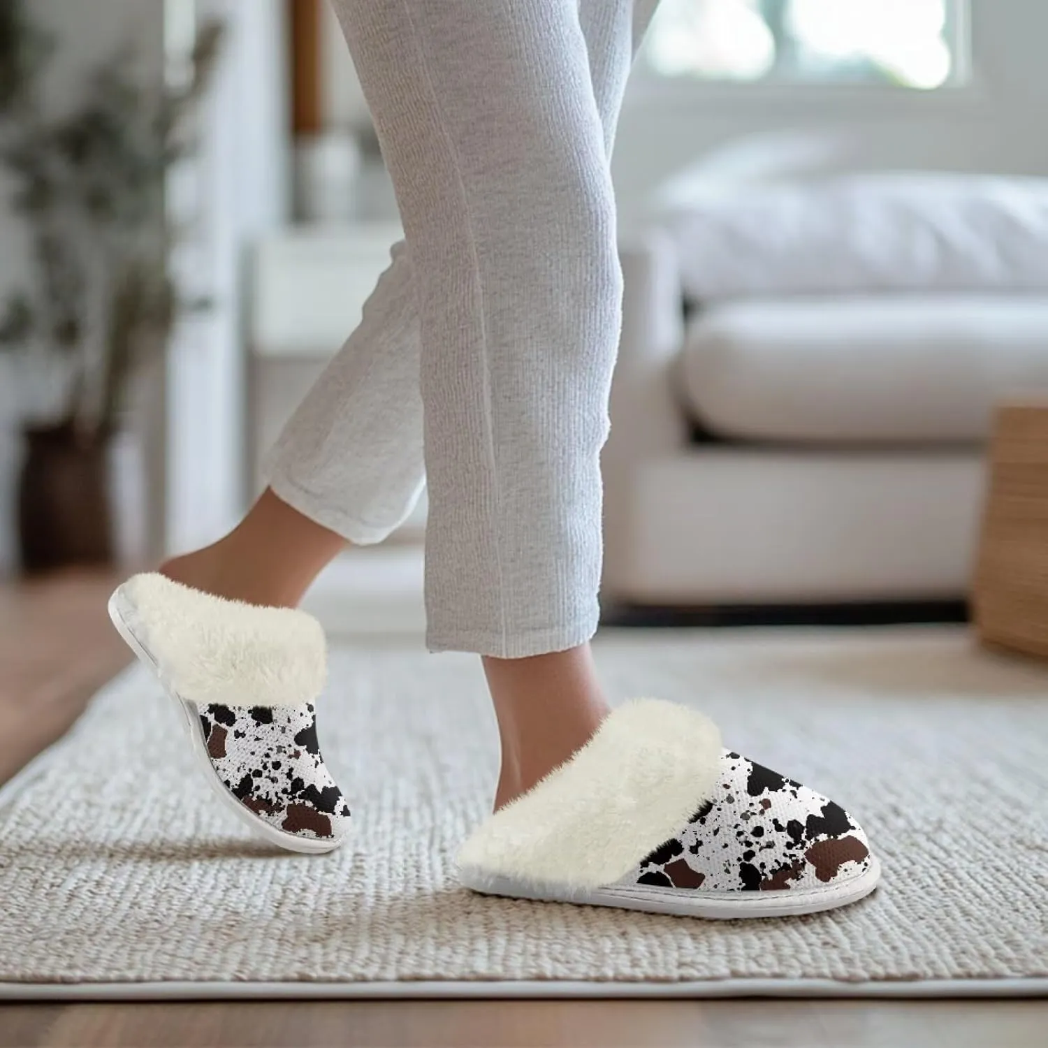 Women's Fuzzy Slippers Casual Slip On Soft Plush House Shoes with Non Skid Sole Comfortable Cotton Slipper Indoor Use for Spa Bath