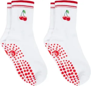 Women's Non-Slip Yoga Socks - Mid-Cut Pilates/Ballet Therapy Socks, Cherry Apple Print (2 Pairs, Red)