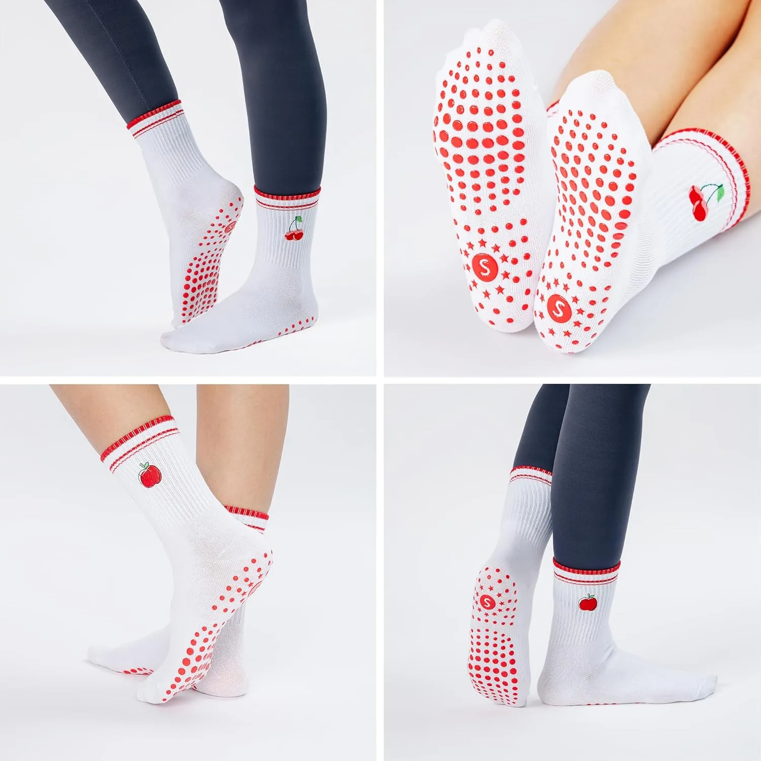 Women's Non-Slip Yoga Socks - Mid-Cut Pilates/Ballet Therapy Socks, Cherry Apple Print (2 Pairs, Red)