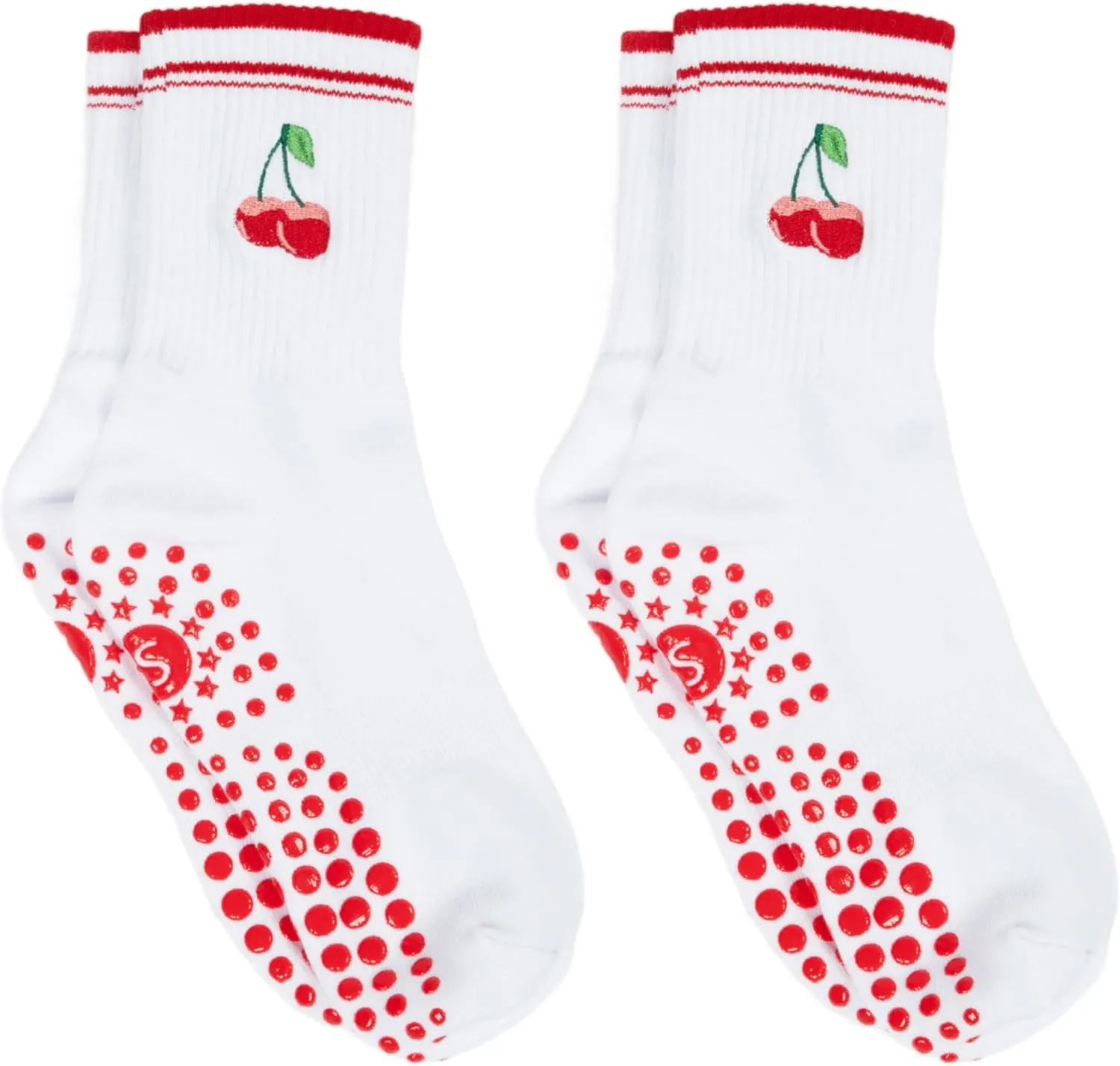 Women's Non-Slip Yoga Socks - Mid-Cut Pilates/Ballet Therapy Socks, Cherry Apple Print (2 Pairs, Red)