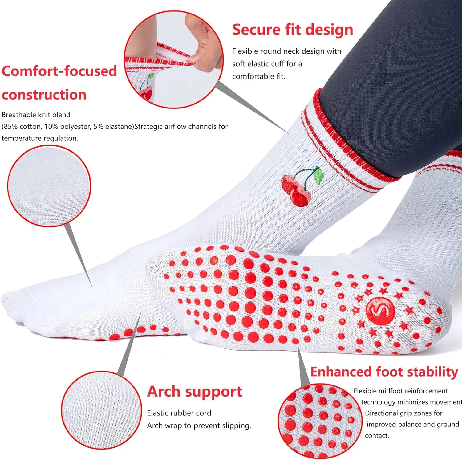 Women's Non-Slip Yoga Socks - Mid-Cut Pilates/Ballet Therapy Socks, Cherry Apple Print (2 Pairs, Red)