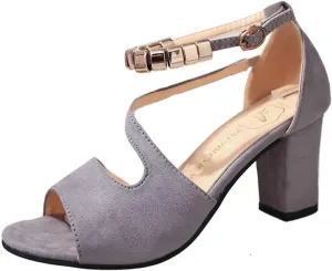 Womens Open Toe Ankle Strap Buckle Chunky High Heels Sandals Shoes Thick Sole High Fashion Heel Leather Rhinestones Buckle Mouth Ladies Fish Cushion Sandals