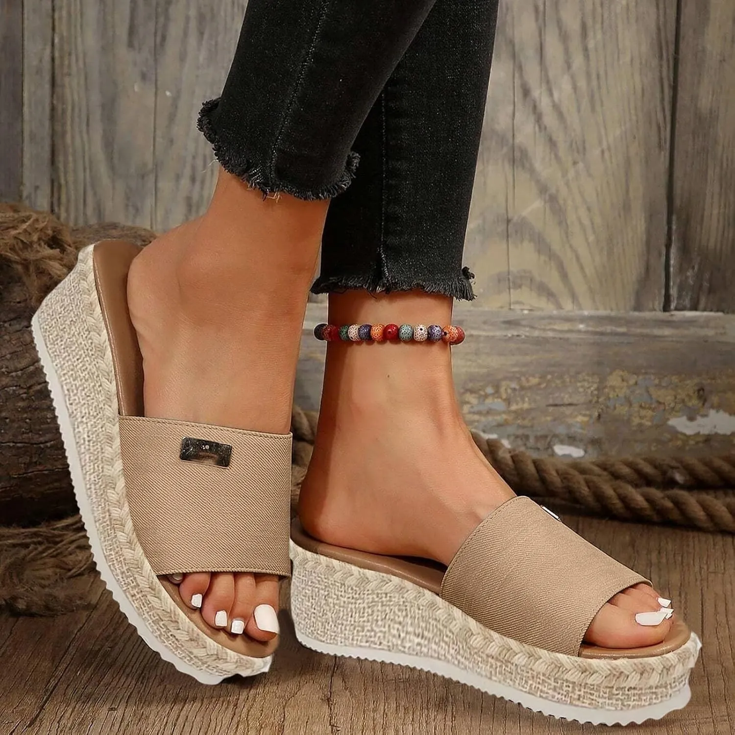 Women's Platform Sandals Espadrille Canvas Slides Wedge Arch Support Lightweight Sandal Open Toe Waterproof Classic Jute Heels Abrasion Resistant Shoes Summer Outdoor Vacation Beach Poolside Shoe