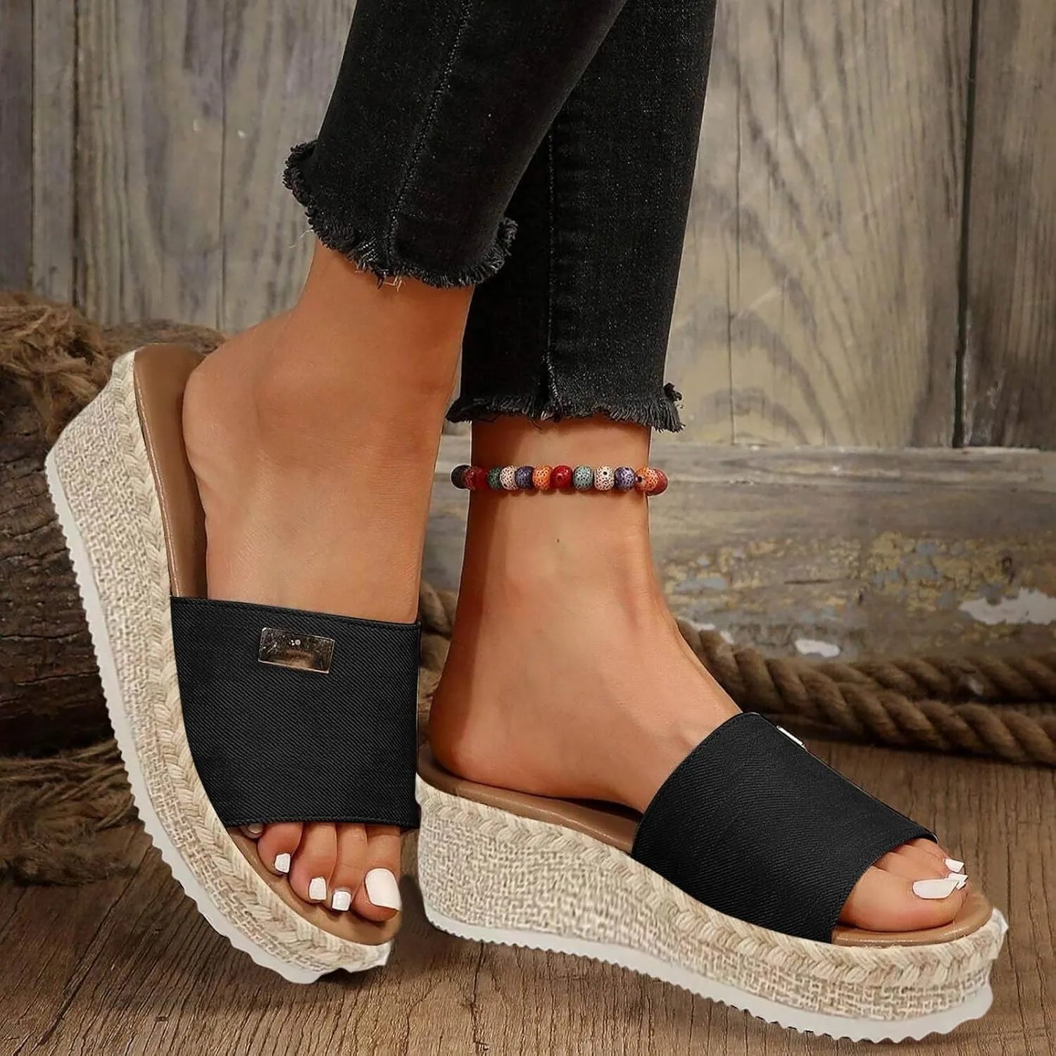Women's Platform Sandals Espadrille Canvas Slides Wedge Arch Support Lightweight Sandal Open Toe Waterproof Classic Jute Heels Abrasion Resistant Shoes Summer Outdoor Vacation Beach Poolside Shoe