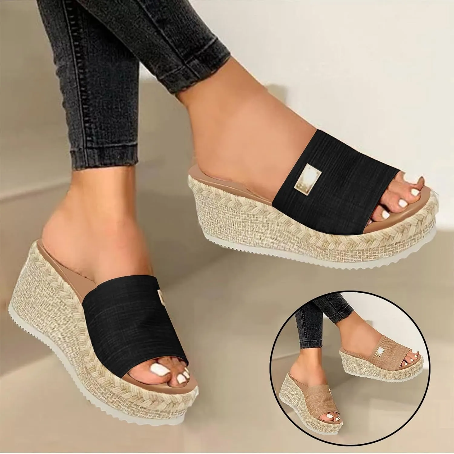 Women's Platform Sandals Espadrille Canvas Slides Wedge Arch Support Lightweight Sandal Open Toe Waterproof Classic Jute Heels Abrasion Resistant Shoes Summer Outdoor Vacation Beach Poolside Shoe