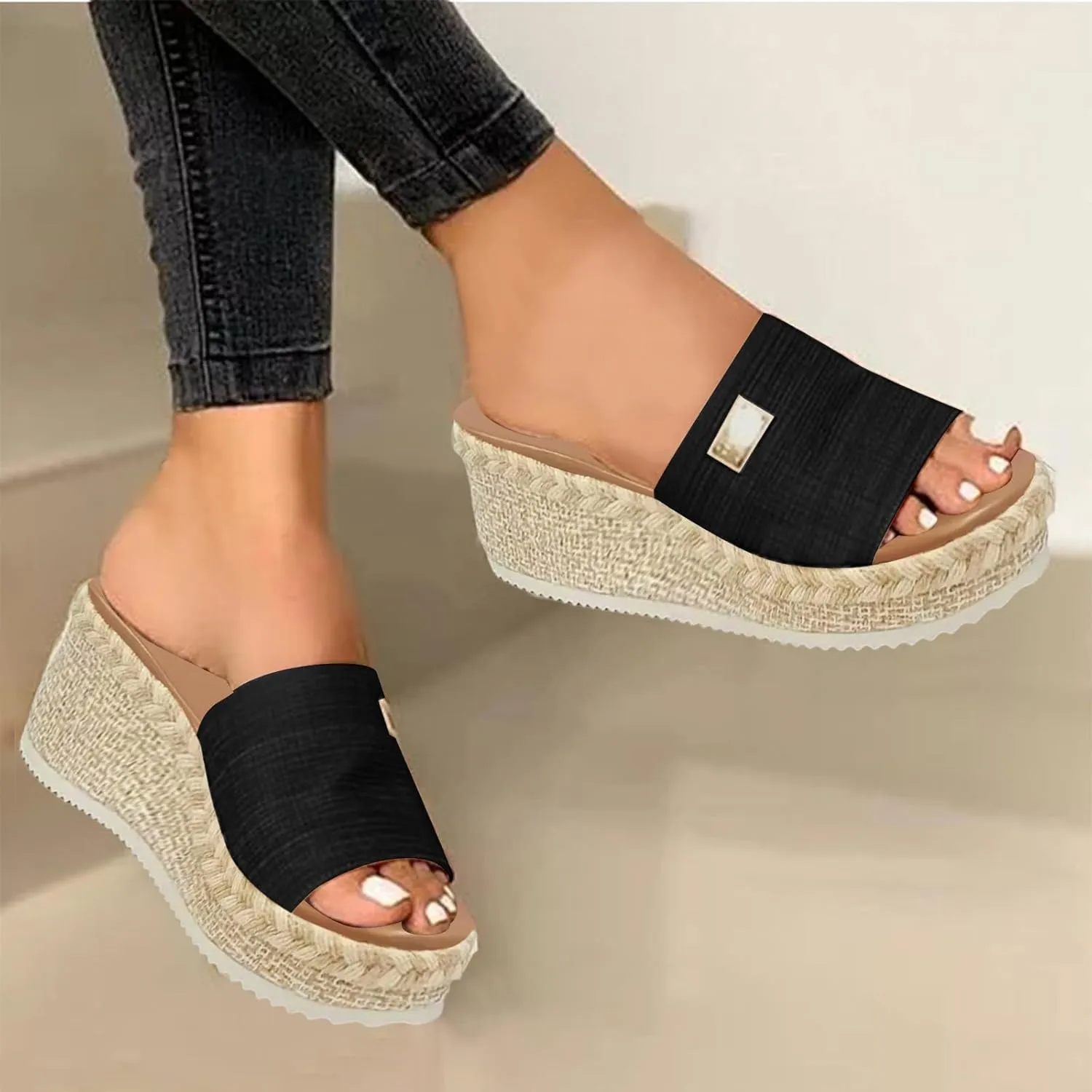 Women's Platform Sandals Espadrille Canvas Slides Wedge Arch Support Lightweight Sandal Open Toe Waterproof Classic Jute Heels Abrasion Resistant Shoes Summer Outdoor Vacation Beach Poolside Shoe