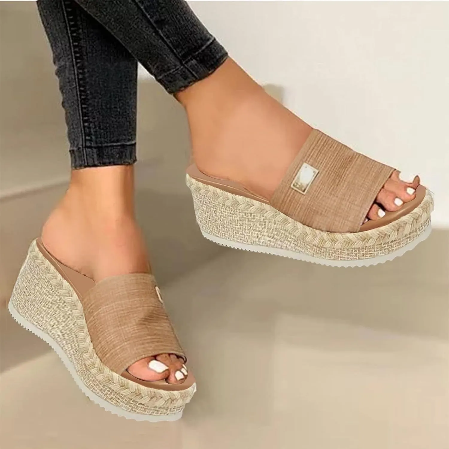 Women's Platform Sandals Espadrille Canvas Slides Wedge Arch Support Lightweight Sandal Open Toe Waterproof Classic Jute Heels Abrasion Resistant Shoes Summer Outdoor Vacation Beach Poolside Shoe