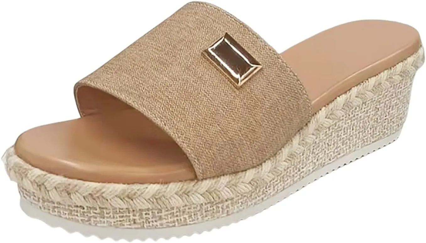 Women's Platform Sandals Espadrille Canvas Slides Wedge Arch Support Lightweight Sandal Open Toe Waterproof Classic Jute Heels Abrasion Resistant Shoes Summer Outdoor Vacation Beach Poolside Shoe