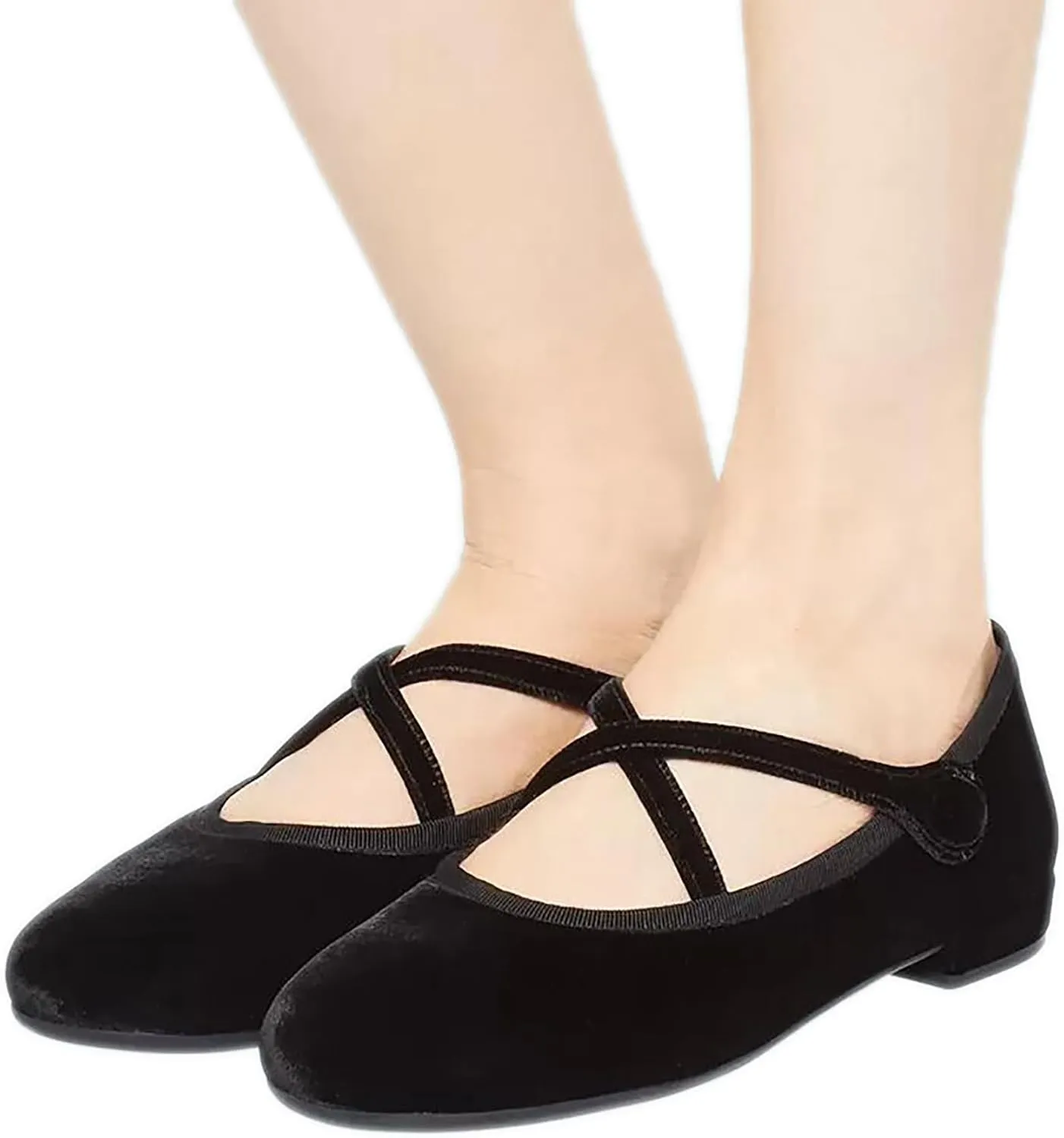 Women's Soft Velvet Flats Shoes Comfort Round Toe Ballet Shoes, Cross Strap Work Casual Flats, Simple Solid Color Walk Mary Jane Slip On Low Heels