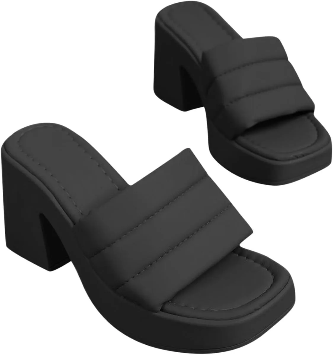 Women's Solid Thick Sole Sandal Faux Leather Square Toe Slipper Open Summer Spring Slide Trendy Elegant High Heel