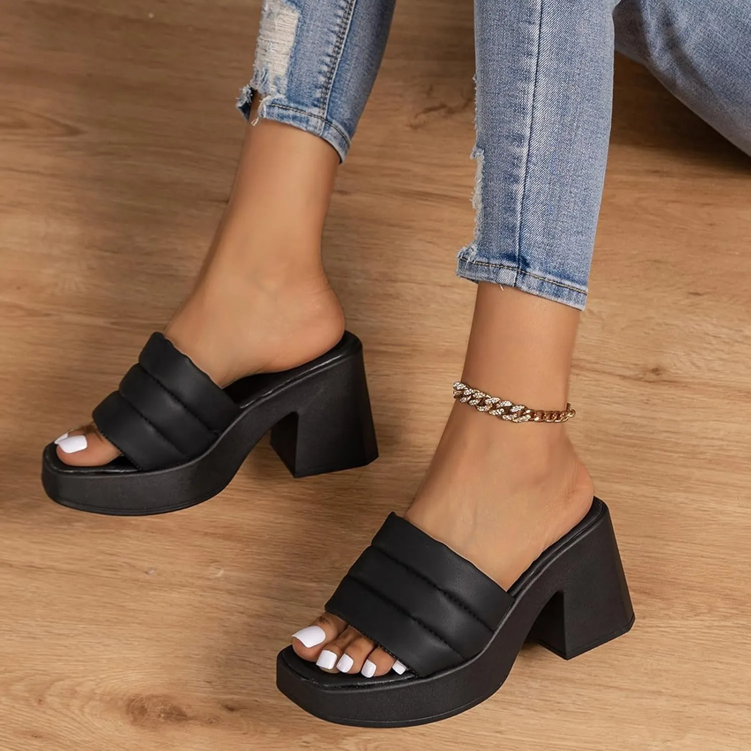 Women's Solid Thick Sole Sandal Faux Leather Square Toe Slipper Open Summer Spring Slide Trendy Elegant High Heel