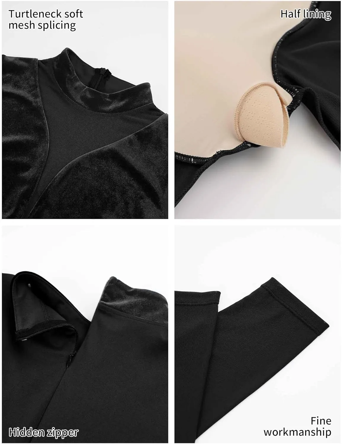 Women's Turtleneck Ballet Leotard With Mesh Long Sleeve, Velvet Dance & Gymnastics Bodysuits
