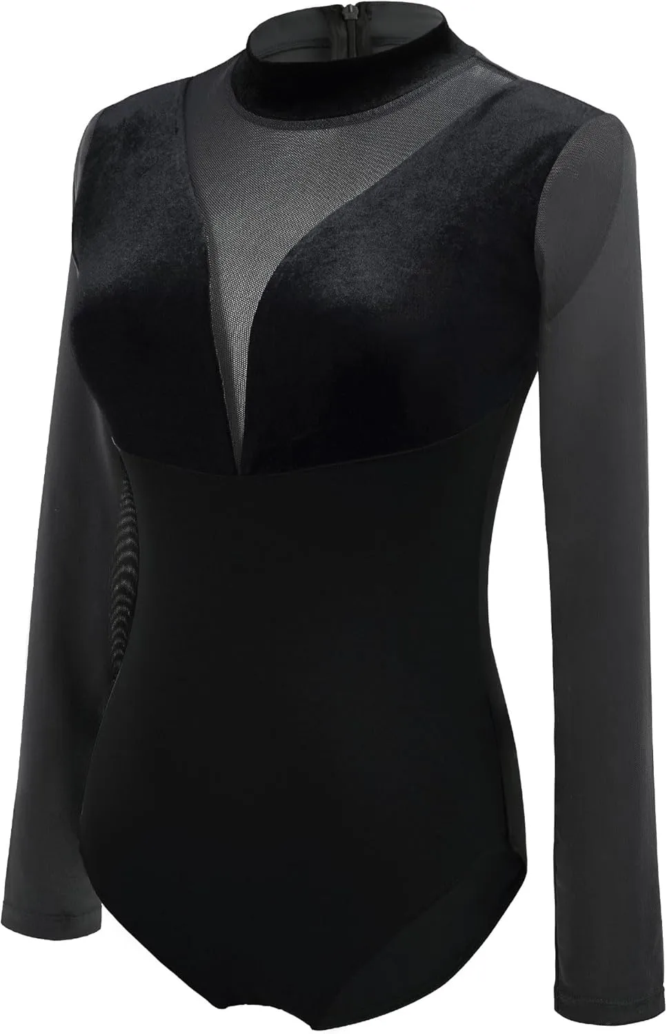 Women's Turtleneck Ballet Leotard With Mesh Long Sleeve, Velvet Dance & Gymnastics Bodysuits