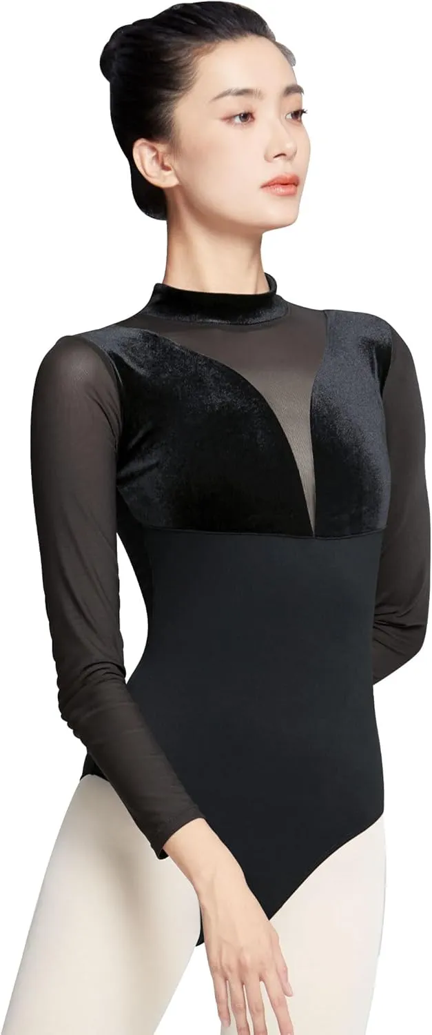 Women's Turtleneck Ballet Leotard With Mesh Long Sleeve, Velvet Dance & Gymnastics Bodysuits