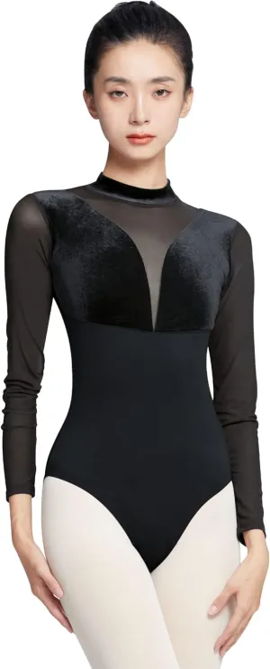 Women's Turtleneck Ballet Leotard With Mesh Long Sleeve, Velvet Dance & Gymnastics Bodysuits