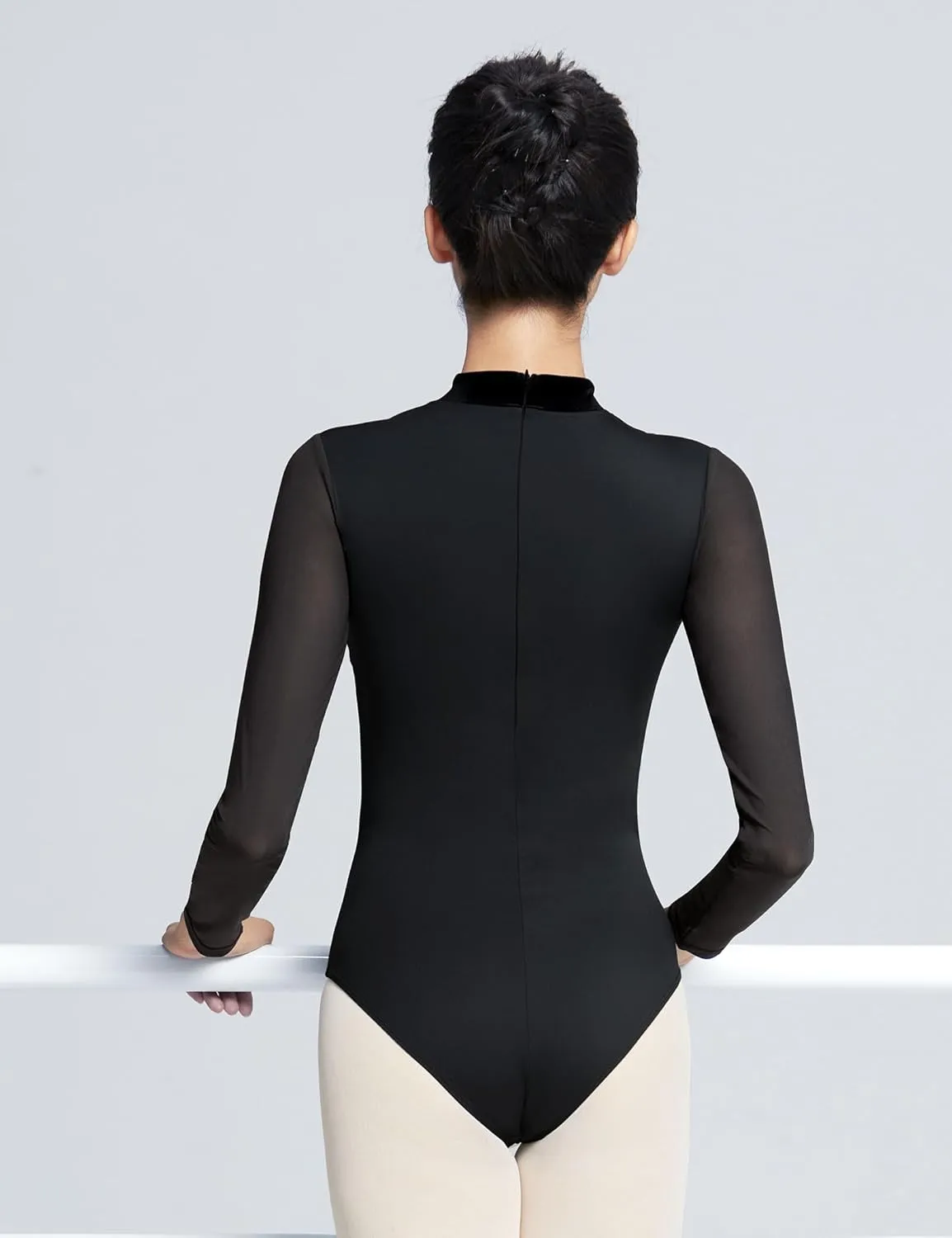 Women's Turtleneck Ballet Leotard With Mesh Long Sleeve, Velvet Dance & Gymnastics Bodysuits
