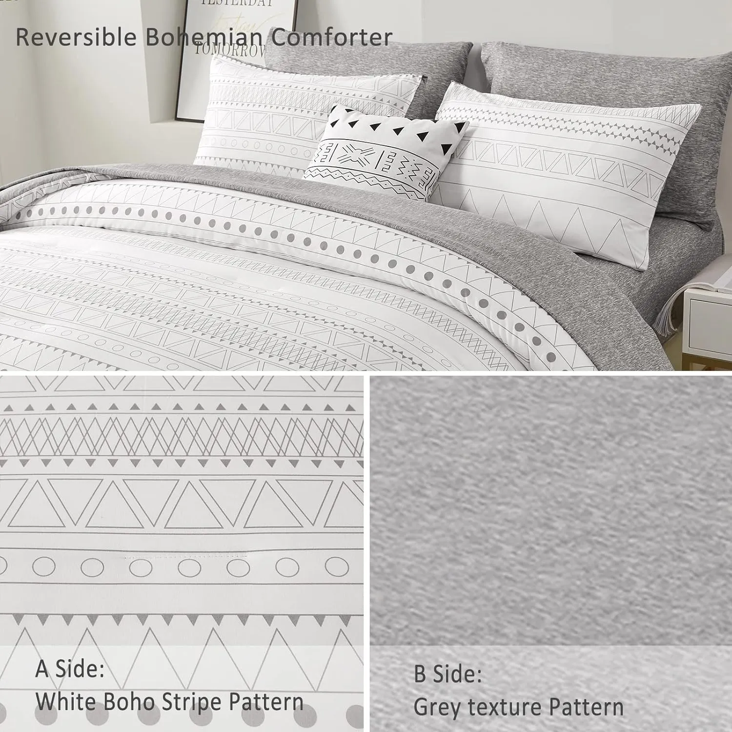 WONGS BEDDING Boho Geometric Comforter Set Full Size,7 Pieces White Grey Stripe Bed in a Bag Comforter for All Season Bohemian Complete Bed Set with Pillowcases & Shams,Sheets Soft Microfiber