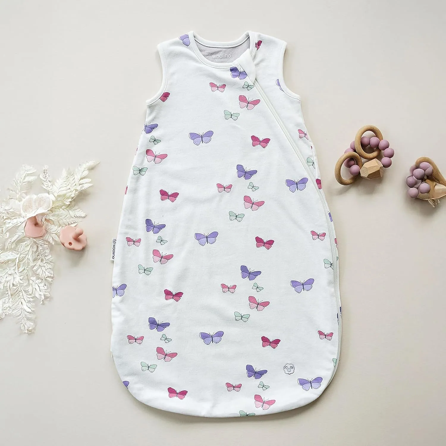 Woolino Merino Wool and Organic Cotton Sleep Bag - 4 Season Classic Sack for Baby and Toddler - Two-Way Zipper - 18-36 Months - Butterfly