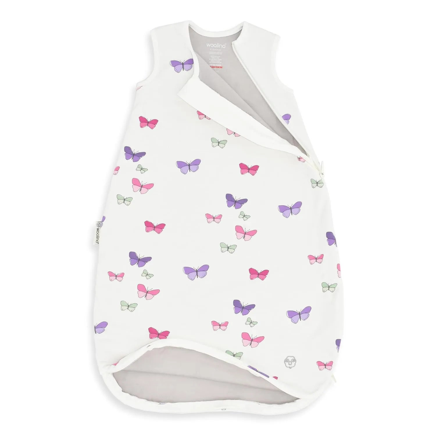 Woolino Merino Wool and Organic Cotton Sleep Bag - 4 Season Classic Sack for Baby and Toddler - Two-Way Zipper - 18-36 Months - Butterfly