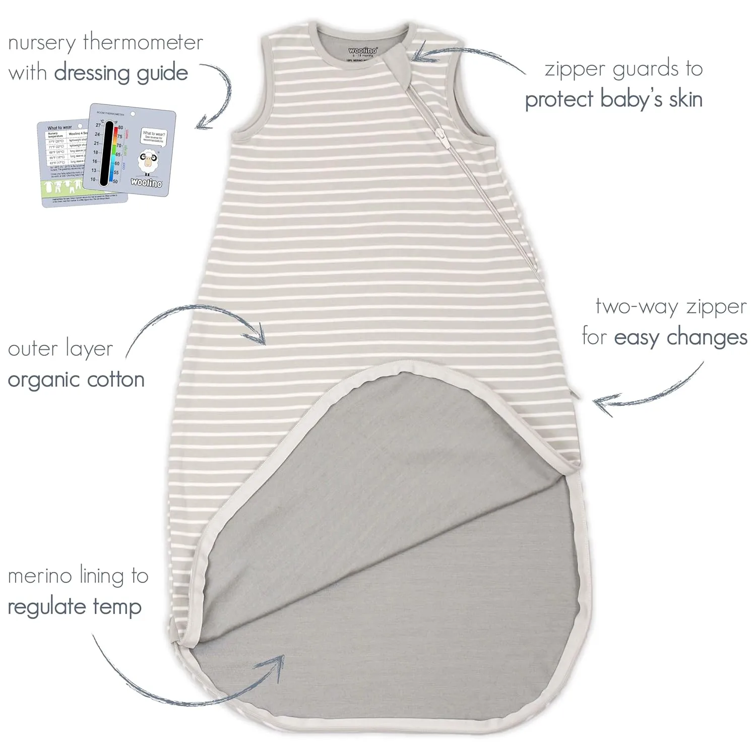 Woolino Merino Wool and Organic Cotton Sleep Bag - 4 Season Classic Sack for Baby and Toddler - Two-Way Zipper - 18-36 Months - Butterfly