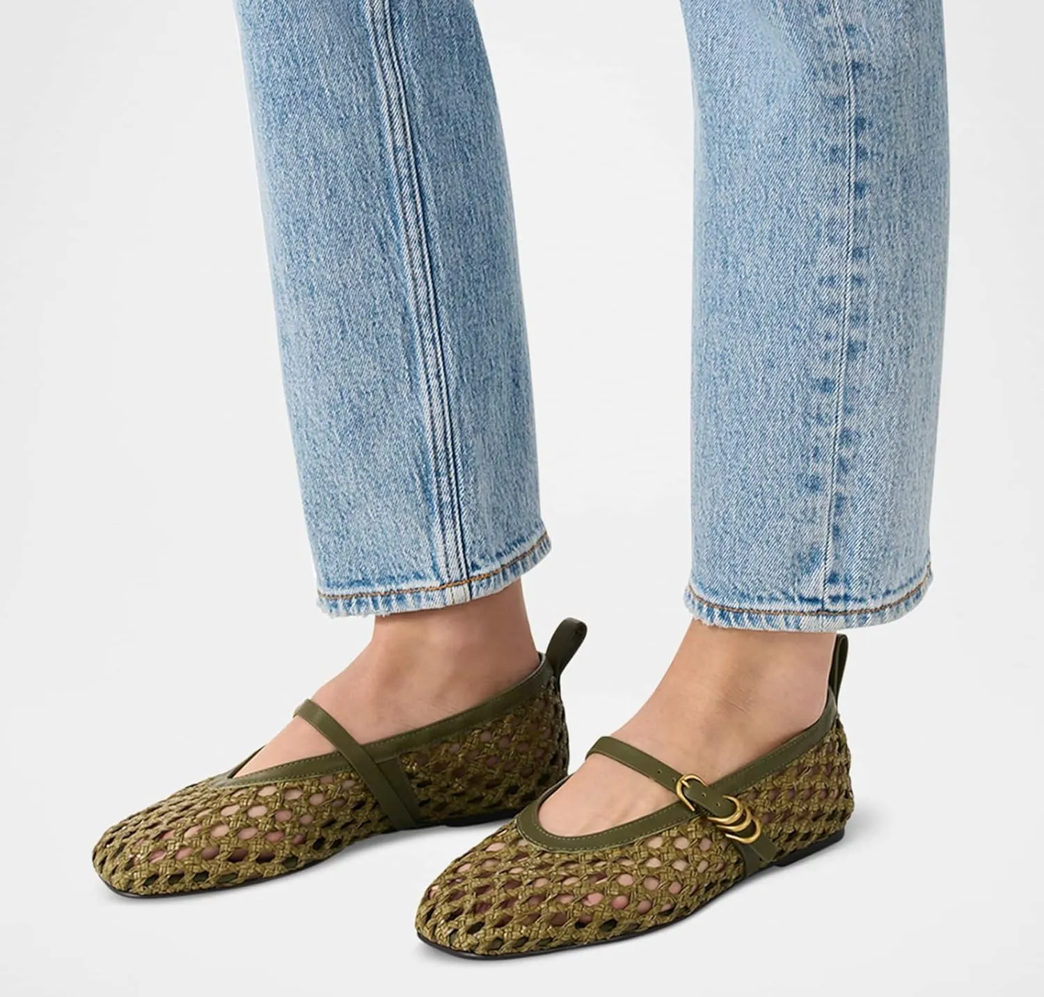 Woven Mesh Ballet Flats for Women Comfortable Raffia Metal Buckle Strap Ballet Flats Casual Closed Toe Mary Jane Flat