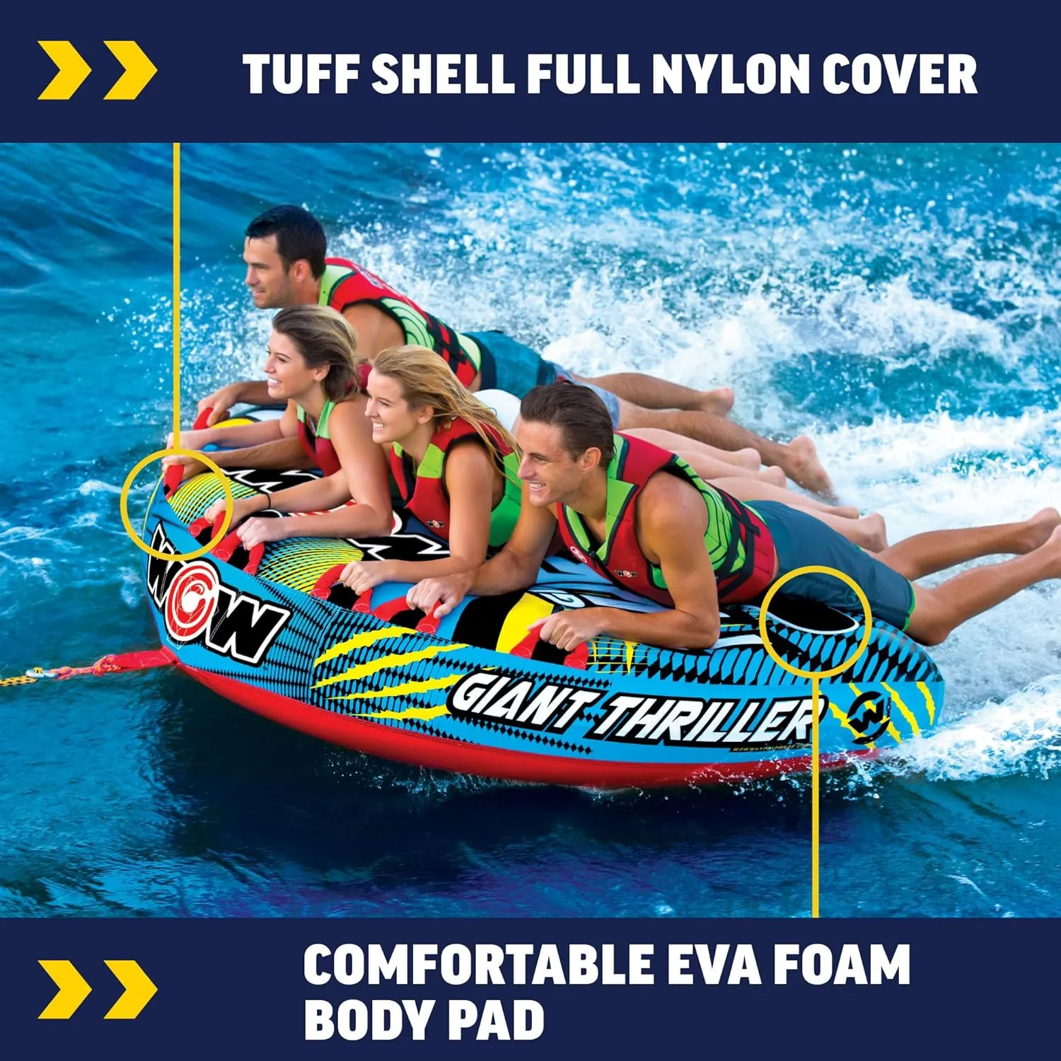 WOW Sports Thriller Towable Deck Tube for Boating Adults, Tubing Boat Inflatable for Water Sports