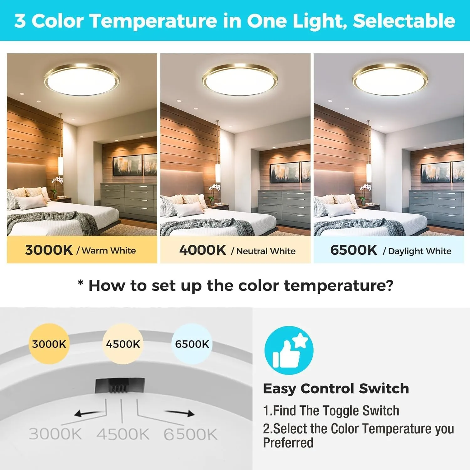 zemty LED Ceiling Light Fixture, 6.5-Inch 12W 1200lm Small Flush Mount Light, Adjustable 3000K 4000K 6500K Color Temperatures, Round Flat Recessed Lamp for Kitchen Closet Hallway Laundry, Gold