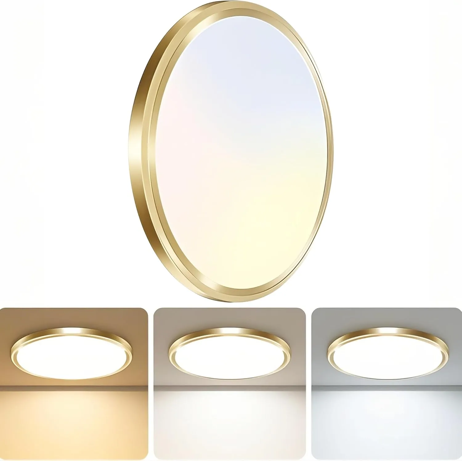 zemty LED Ceiling Light Fixture, 6.5-Inch 12W 1200lm Small Flush Mount Light, Adjustable 3000K 4000K 6500K Color Temperatures, Round Flat Recessed Lamp for Kitchen Closet Hallway Laundry, Gold