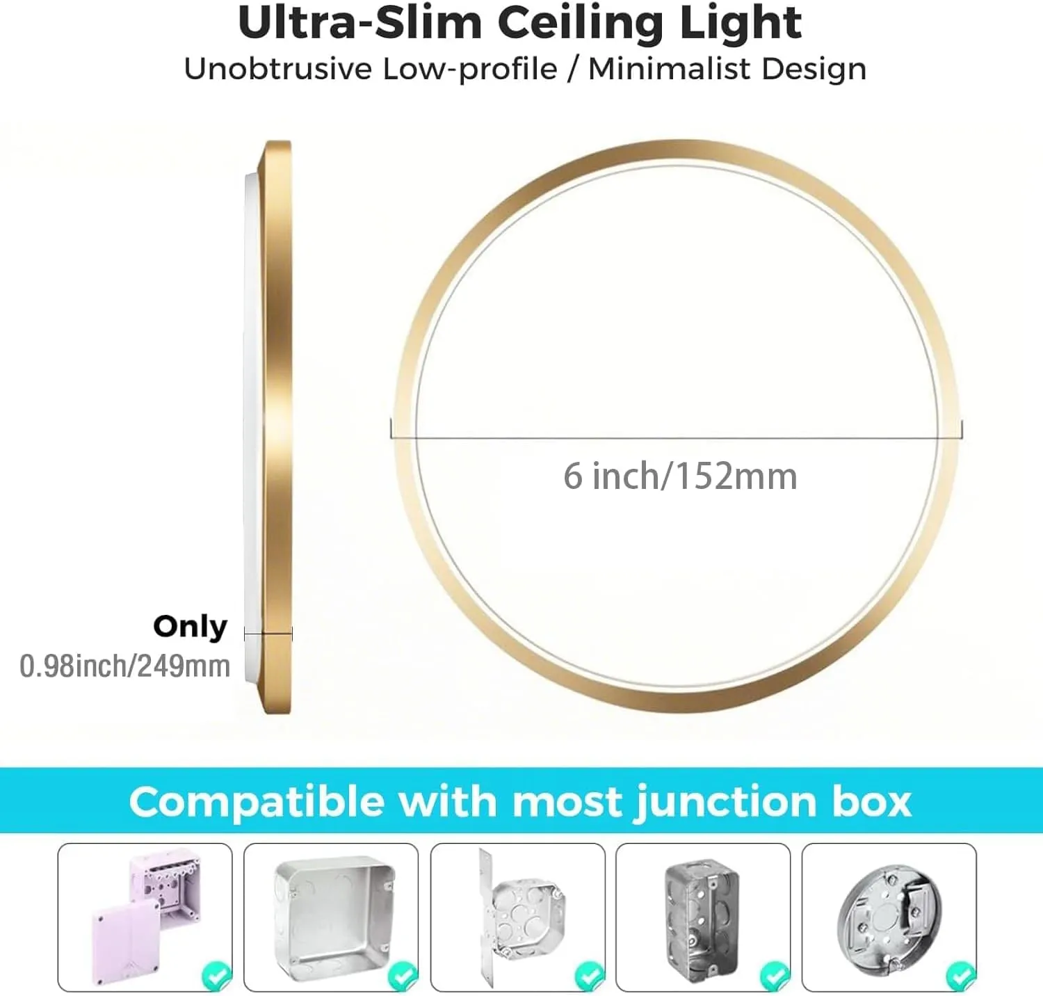 zemty LED Ceiling Light Fixture, 6.5-Inch 12W 1200lm Small Flush Mount Light, Adjustable 3000K 4000K 6500K Color Temperatures, Round Flat Recessed Lamp for Kitchen Closet Hallway Laundry, Gold